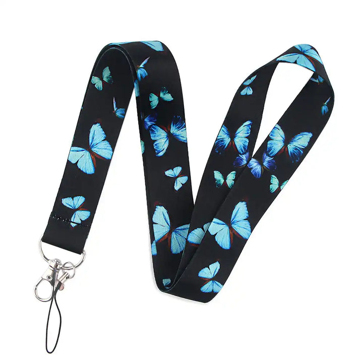 Blue-Butterfly-on-Black-Background-Lanyard