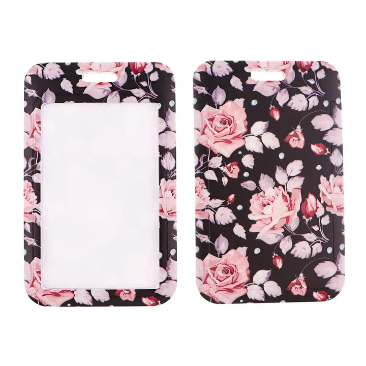 Floral-Lanyard-Card-Holder-Pink-Flowers-on-Black-Background