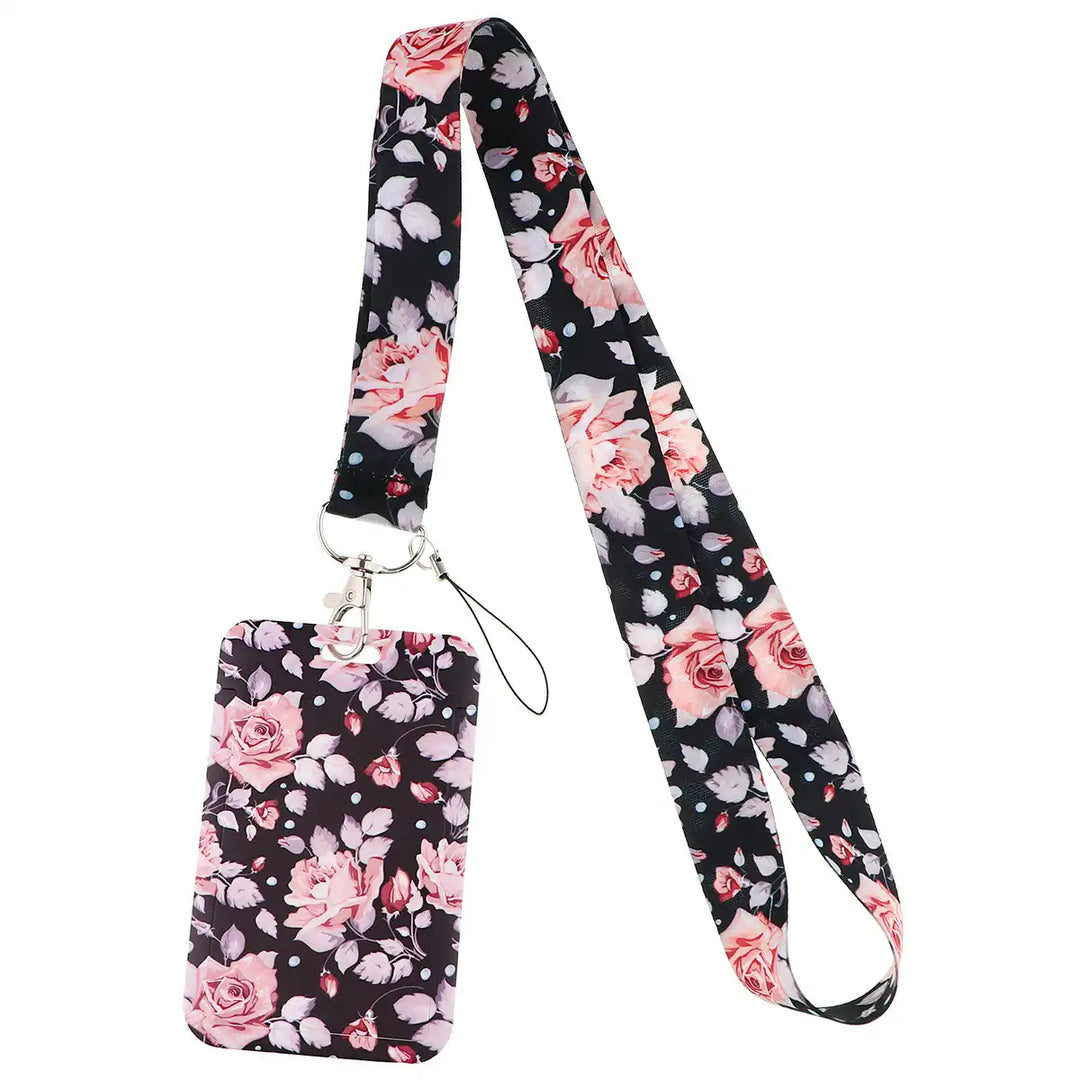 Floral-Lanyard-Set-Pink-Flowers-on-Black-Background